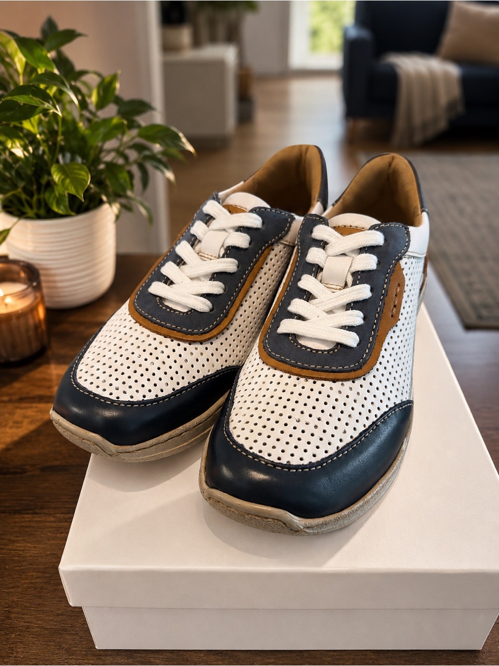 Josef Seibel Perforated Leather Sneakers White/Navy/Tan • EU 37/US Women’s 6.5–7